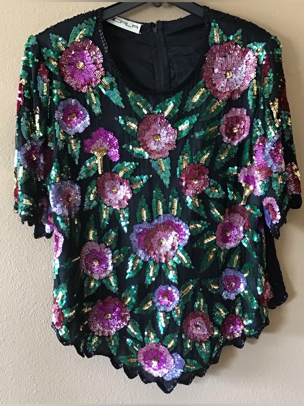 Vintage 1990s Scala Floral Sequins Beaded Blouse (XL)